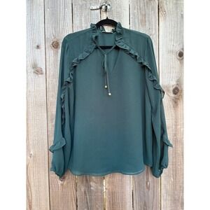 Calvin Klein Women's Emerald Green Ruffle Trim Long Sleeve Blouse Top